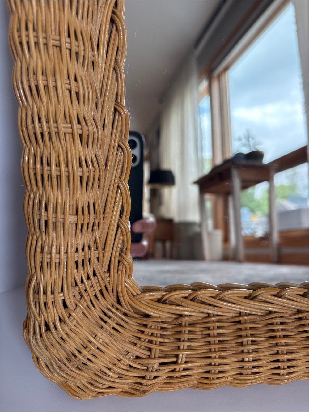 Vintage mid century wall mirror natural woven rattan frame boho coastal mirror - Picture 4 of 16